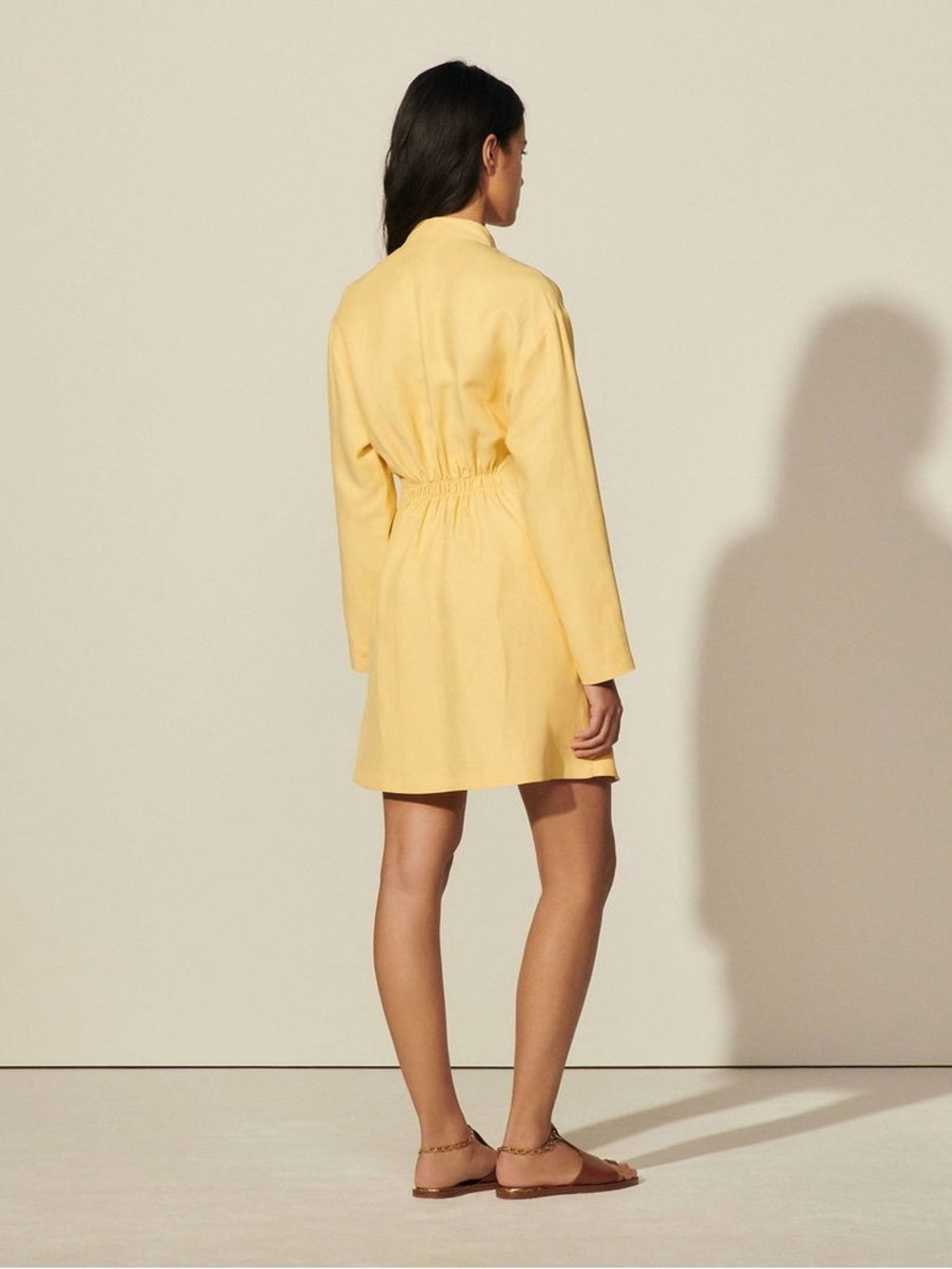 Sandro Yellow Linen Mini Dress with Long Sleeves and Twist Front - Picture 4 of 6